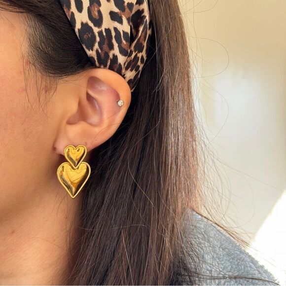 Puffed Double Heart Gold Valentine Earrings OS - Picture 7 of 10